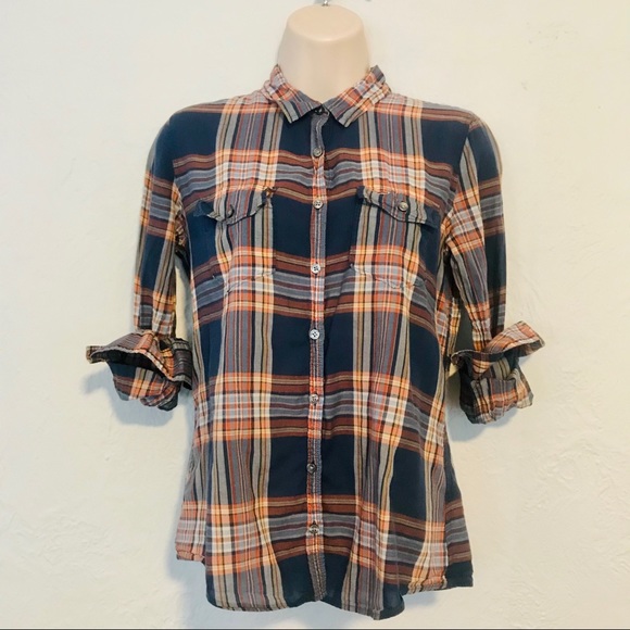 Hollister Tops - Hollister Plaid Button Down Shirt S Navy Red Yellow 100% Cotton Flannel